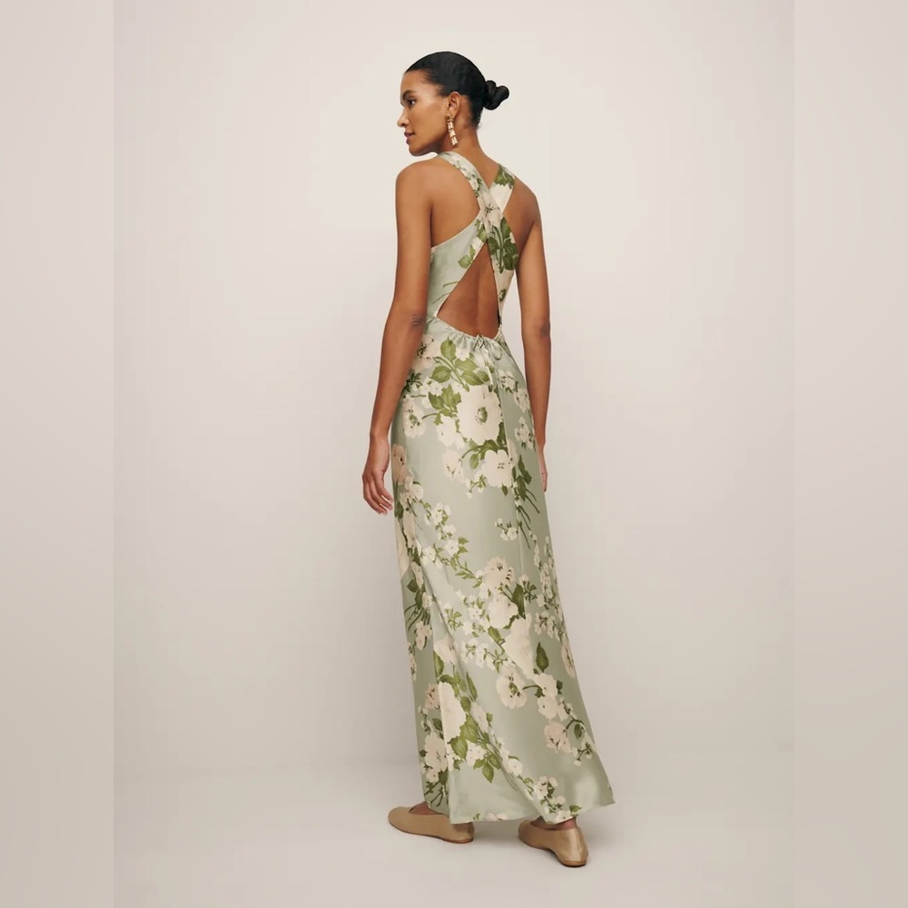 NEW Reformation Anaiis Long Silk Dress Tarragon Green Floral | size 4 - Picture 6 of 14